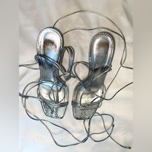 Schutz Snakeskin Silver Tie-Up Stilleto Heels